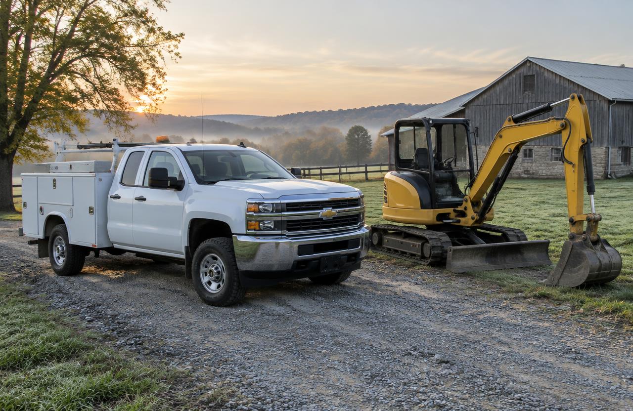 Service truck parked next to a compact excavator on a farm lane for on-site repair